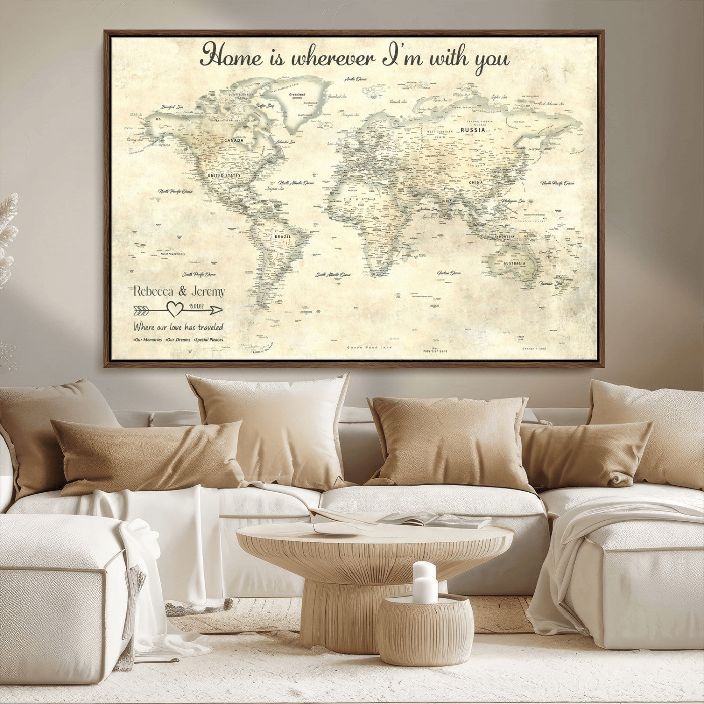 35009043-MGV-CV-36X24-Personalized World Map Wall Art – Vintage Beige Travel Map with Custom Names and Date, Romantic Anniversary Gift for Couples Home