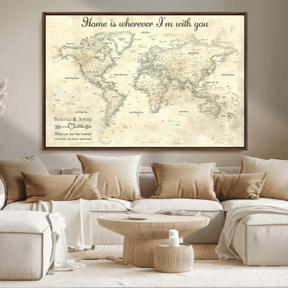 35009043-MGV-CV-36X24-Personalized World Map Wall Art – Vintage Beige Travel Map with Custom Names and Date, Romantic Anniversary Gift for Couples Home