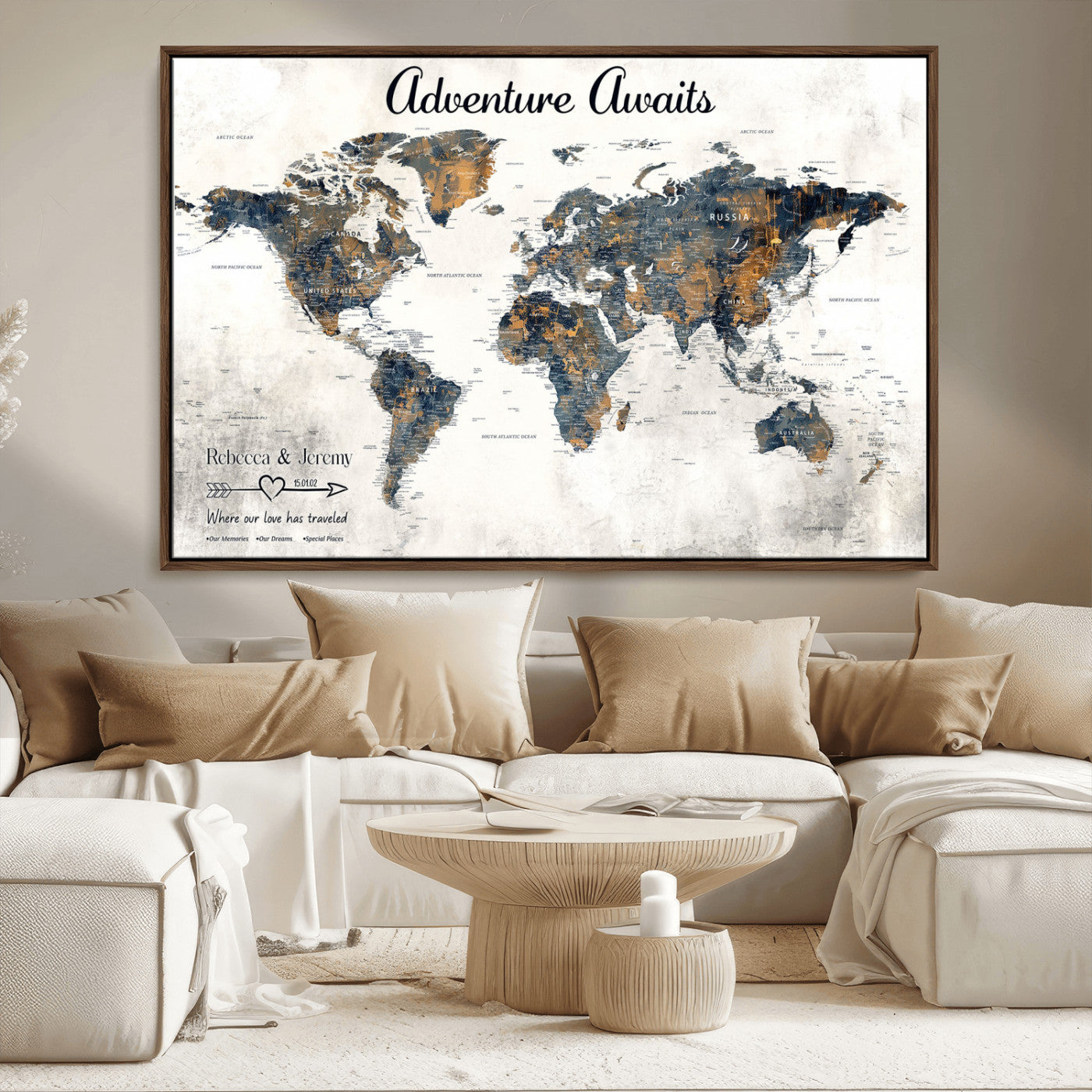 11751559-MGV-CV-36X24-Personalized World Map Wall Art – Elegant Adventure Travel Tracker Map for Couples & Families, Push Pin Canvas Poster Decor for Home, Office