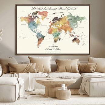 10311652-MGV-FC-36X24_Walnut-Personalized World Map Wall Art - Watercolor Travel Map with Custom Names Minimalist Design for Couples&Families - Decor for Home,
