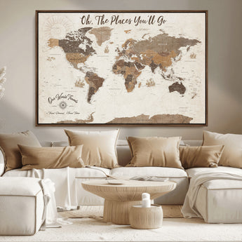 14140137-MGV-FC-36X24_Walnut-Personalized World Map Wall Art – Vintage Nautical Adventure Map with Ships and Compass, Rustic Sepia Tones for Travel Lovers and