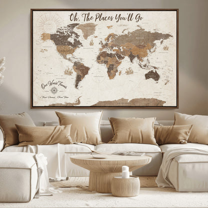 14140137-MGV-FC-36X24_Walnut-Personalized World Map Wall Art – Vintage Nautical Adventure Map with Ships and Compass, Rustic Sepia Tones for Travel Lovers and