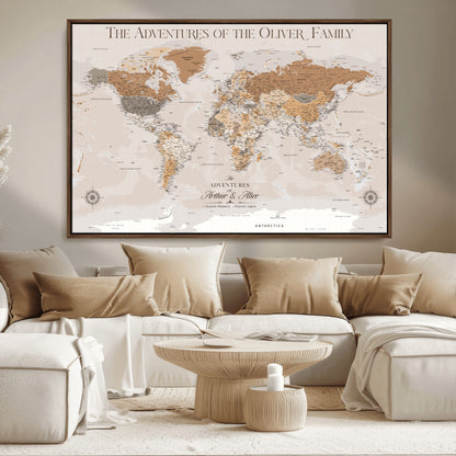 34289723-MGV-FC-36X24_Walnut-Personalized World Map Wall Art – Elegant Beige and Brown Adventure Map Canvas Print for Family Home, Living Room, Study or Office