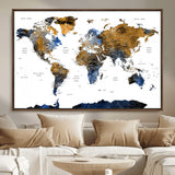 MGV-FC-36X24 - World Map Wall Art Canvas Print, Framed Blue Gold Map Art Picture Print, Rustic Atlas Perfect Rustic Modern Decor Artwork