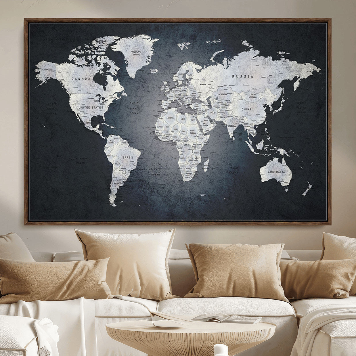 MGV-FC-36X24 - Monochrome World Map Wall Art Canvas Print, Framed Minimalist Map Art Picture Print, Modern Atlas Perfect Modern Minimalist Decor Artwork