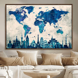 MGV-FC-36X24 - Blue World Map Wall Art Canvas Print, Framed Iconic Landmarks Art Picture Print, Blue Globe Map Perfect Elegant Explorer Decor Artwork