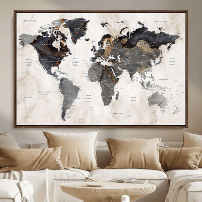 MGV-FC-36X24 - World Map Wall Art Canvas Print, Framed Rustic Map Art Picture Print, Antique Map Perfect Rustic Explorer Decor Artwork