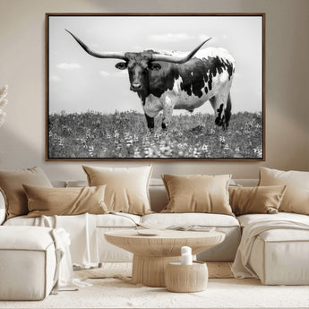 83785-MGV-CV-36X24-Texas Longhorn Wall Art Canvas Print, Framed Horned Bull Art Picture Print, Monochrome Cattle Perfect Rustic Western Decor Artwork