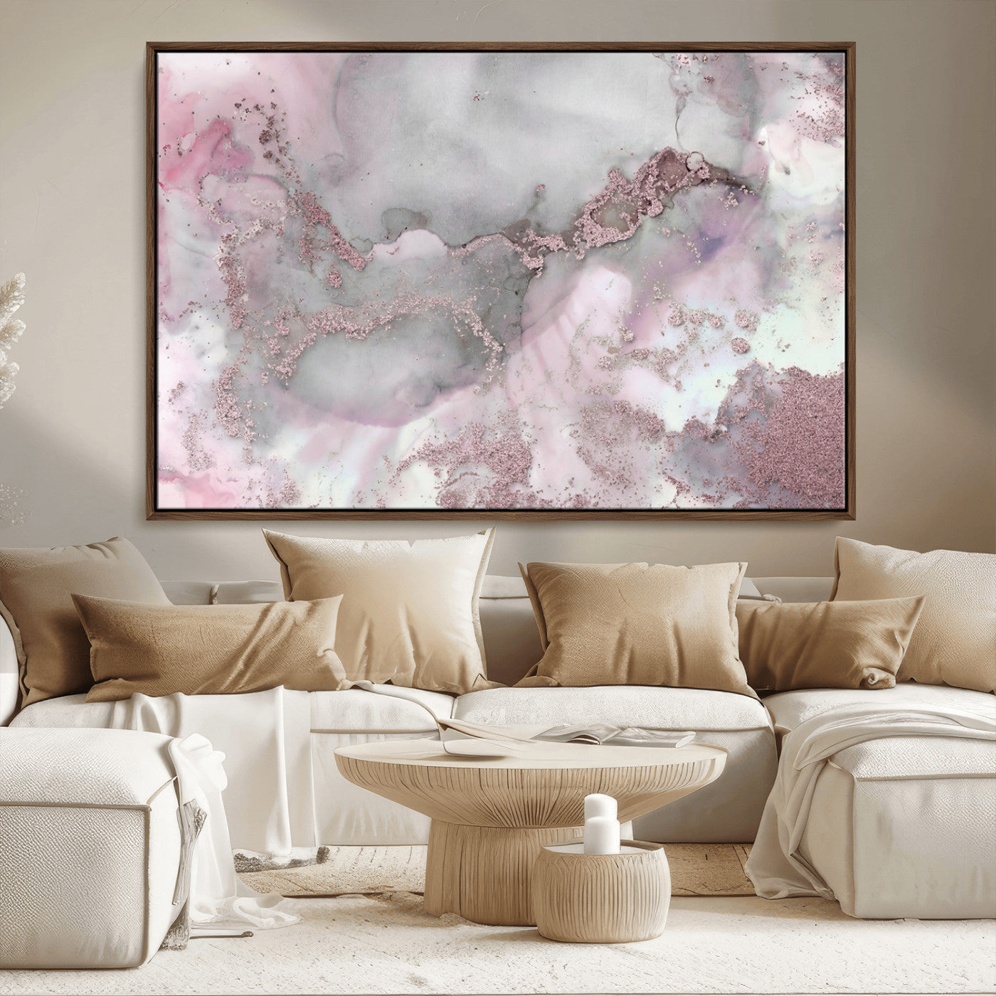 16416-MGV-FC-36X24_Walnut-Blush Marble Wall Art Canvas Print, Framed Rose Gold Art Picture Print, Pink Cloudy Perfect Modern Glam Decor Artwork