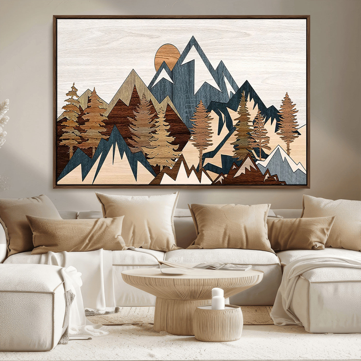 80300-MGV-CV-36X24-Geometric Mountains Wall Art Canvas Print, Framed Stylized Trees Art Picture Print, Graphic Forest Perfect Rustic Abstract Decor