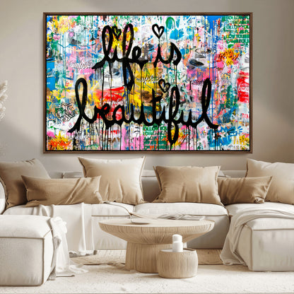 36856-MGV-CV-36X24-Life Is Beautiful Wall Art – Colorful Graffiti Canvas Print, Modern Street Style Artwork, Inspirational Decor for Living Room,