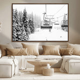 49274-MGV-CV-36X24-Snowy Forest Wall Art Canvas Print, Framed Ski Lift Art Picture Print, Mountain Snow Perfect Minimal Winter Lodge Decor Artwork