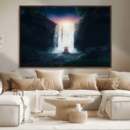 56359-MGV-CV-36X24-Lilo Stitch Wall Art Canvas Print, Framed Stitch Angel Art Picture Print, Cartoon Waterfall Perfect Tropical Fantasy Decor Artwork