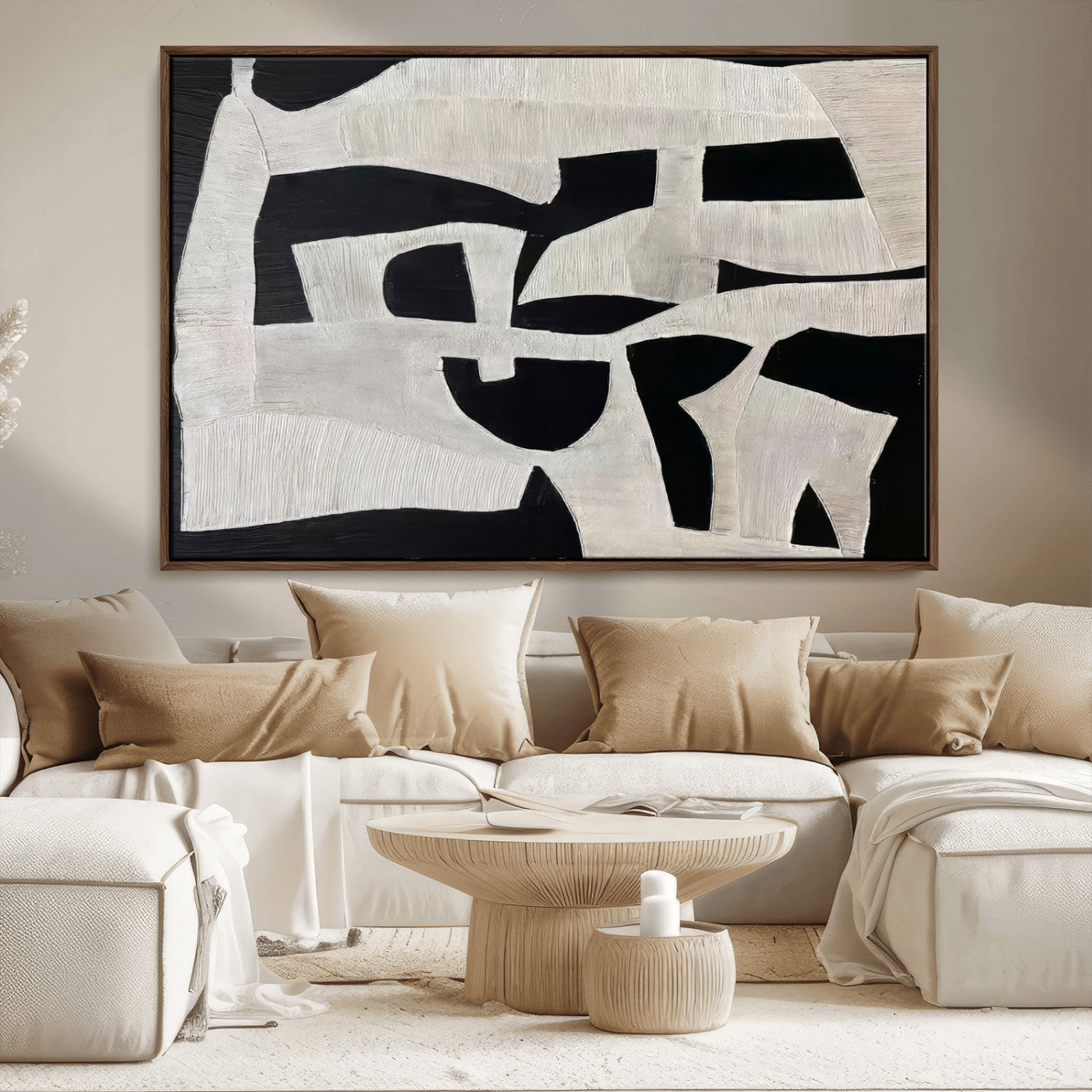 33714-MGV-CV-36X24-Monochrome Design Wall Art Canvas Print, Framed Modern Linework Art Picture Print, Textured Shapes Perfect Monochrome Modern Decor