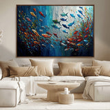 89626-MGV-CV-36X24-Fish Swarm Wall Art Canvas Print, Framed Abstract Ocean Art Picture Print, Underwater Life Perfect Vibrant Coastal Decor Artwork