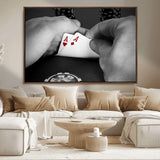 62460-MGV-CV-36X24-Poker Game Wall Art – Close Up of Hands Holding Aces with Chips, Casino Style Decor for Game Room, Man Cave or Office