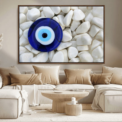 48883-MGV-FC-36X24_Walnut-Evil Eye Wall Art – Deep Blue Symbol of Presence and Calm on White Stones, Subtle Spiritual Decor for Entryway, Studio, Office or