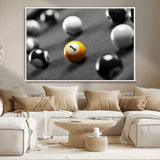52108-MGV-CV-36X24-Precision Pool Table Wall Art – Close Up Yellow 1 Ball Canvas Print, Hand-Played Billiards Game Decor for Office, Game Room, or