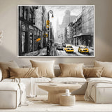 32362-MGV-CV-36X24-NYC Street Wall Art – Black and White Cityscape with Yellow Taxis and Umbrella Canvas Print, Urban Home Decor for Living Room or