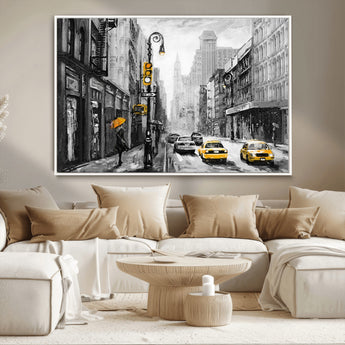 32362-MGV-CV-36X24-NYC Street Wall Art – Black and White Cityscape with Yellow Taxis and Umbrella Canvas Print, Urban Home Decor for Living Room or