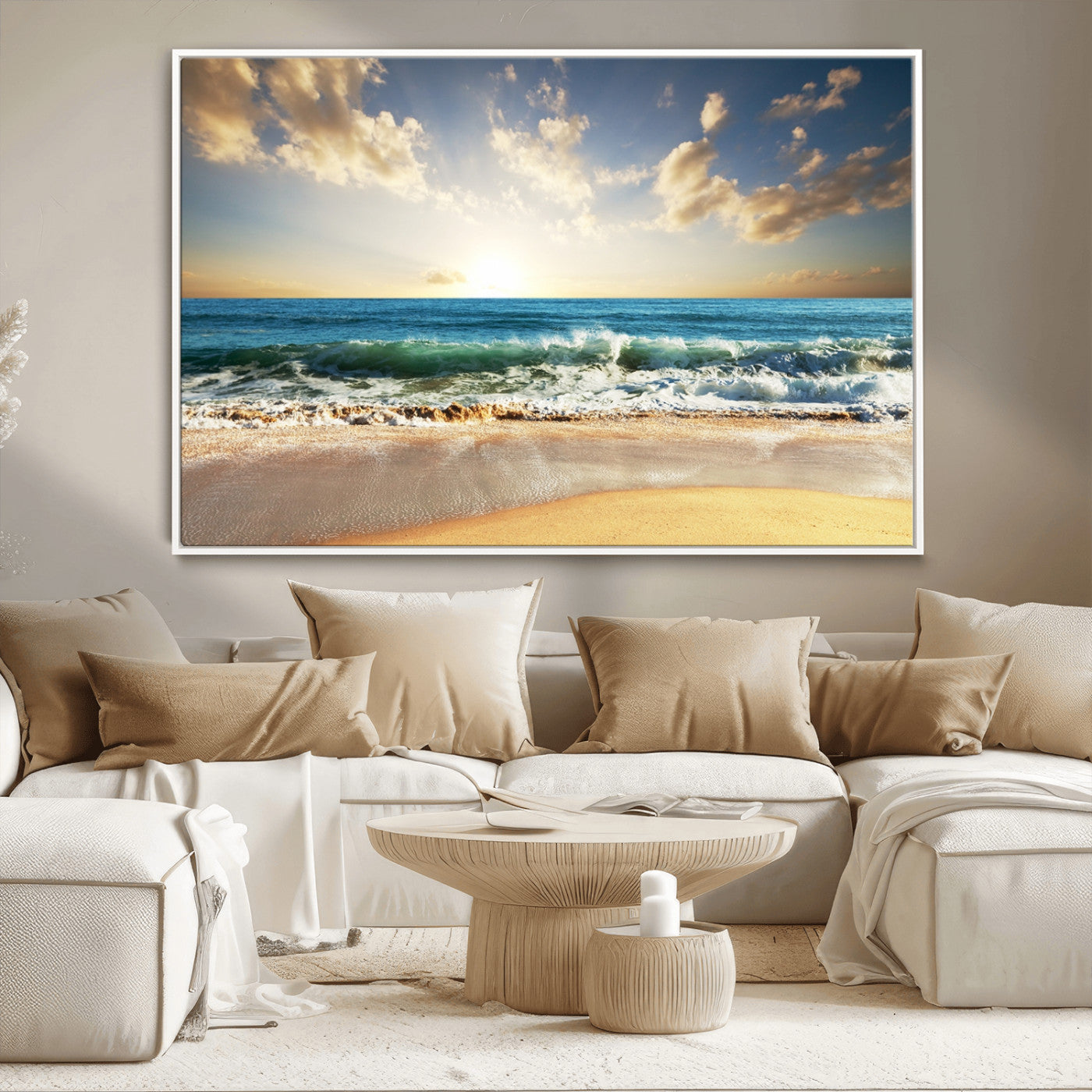 13139-MGV-CV-36X24-Sunrise Beach Wall Art – Ocean Waves and Golden Sand Canvas Print, Coastal Home Decor for Living Room, Bedroom, or Office