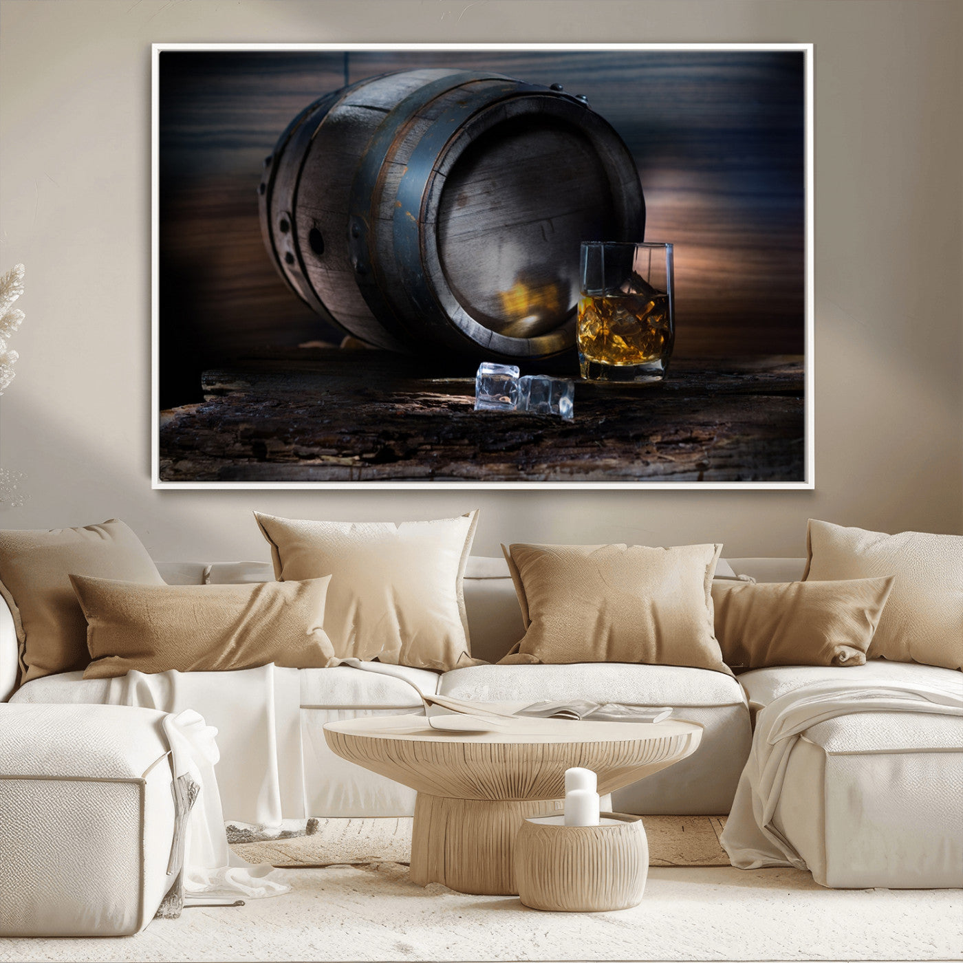 78049-MGV-CV-36X24-Whiskey Barrel Wall Art – Rustic Whiskey Barrel and Glass with Ice Canvas Print, Classic Bar or Lounge Decor for Home, Office, or