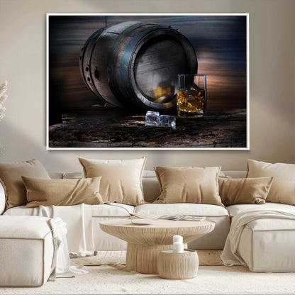 78049-MGV-CV-36X24-Whiskey Barrel Wall Art – Rustic Whiskey Barrel and Glass with Ice Canvas Print, Classic Bar or Lounge Decor for Home, Office, or