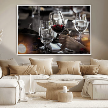 75513-MGV-CV-36X24-Elegant Wine Toast Wall Art – Close-Up Red Wine Glass at Dinner Table Canvas Print, Sophisticated Dining Room or Bar Decor