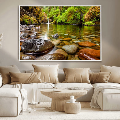 98096-MGV-CV-36X24-Serene River Waterfall Nature Photo – Calm Clear Water, Vibrant Green Forest and Smooth Stones Landscape Wall Art for Home or