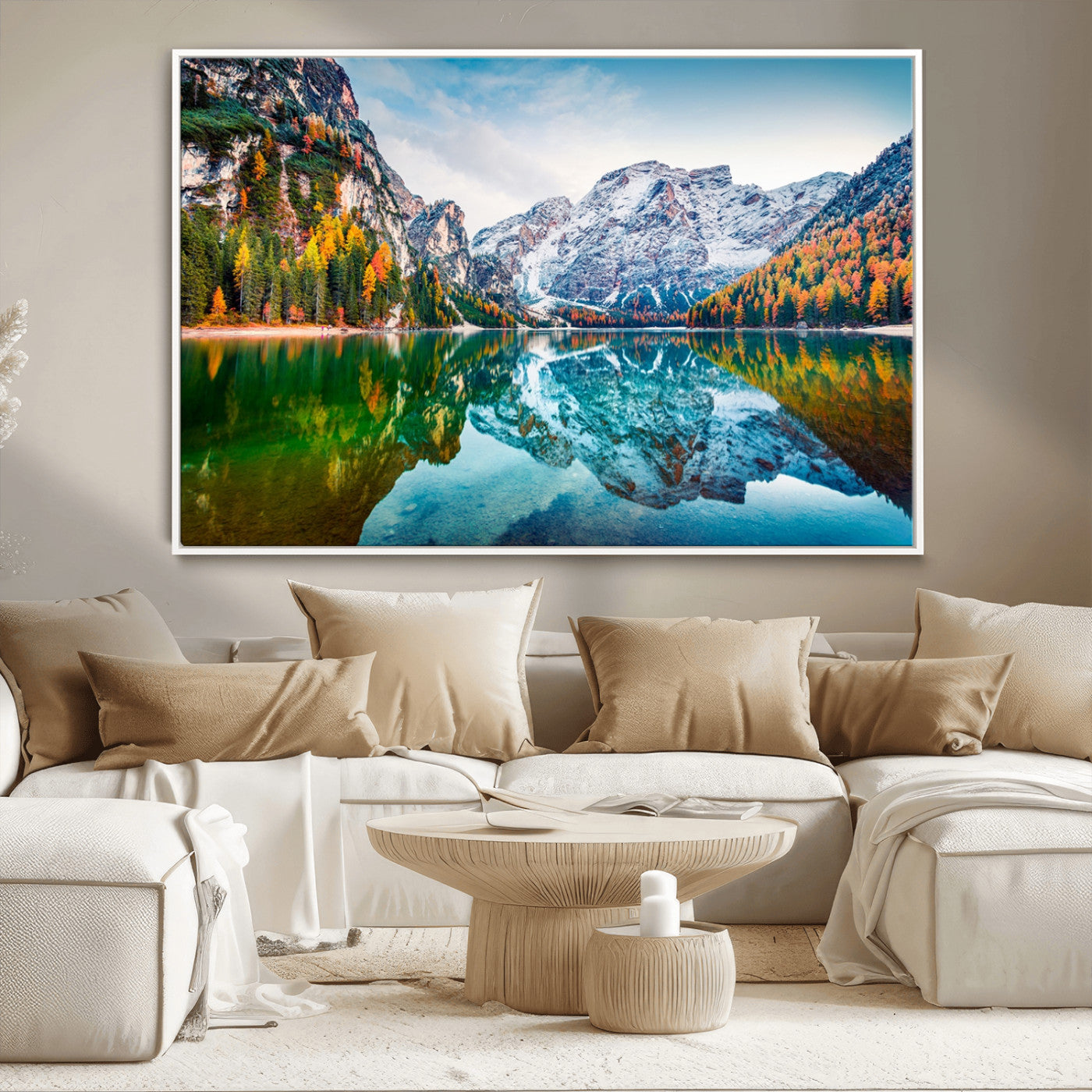 10402-MGV-CV-36X24-Snowy Mountain Lake Wall Art – Autumn Landscape Canvas Print with Reflection, Nature Decor for Living Room, Office, Bedroom or