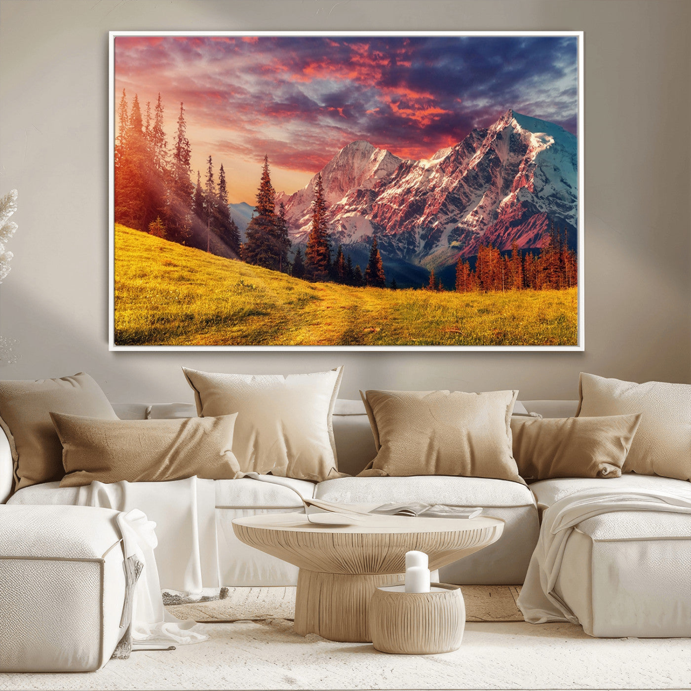 83947-MGV-CV-36X24-Sunset Mountain Landscape Wall Art – Panoramic Alpine Meadow and Snow Capped Peaks Canvas Print, Nature Scenic Decor for Home,