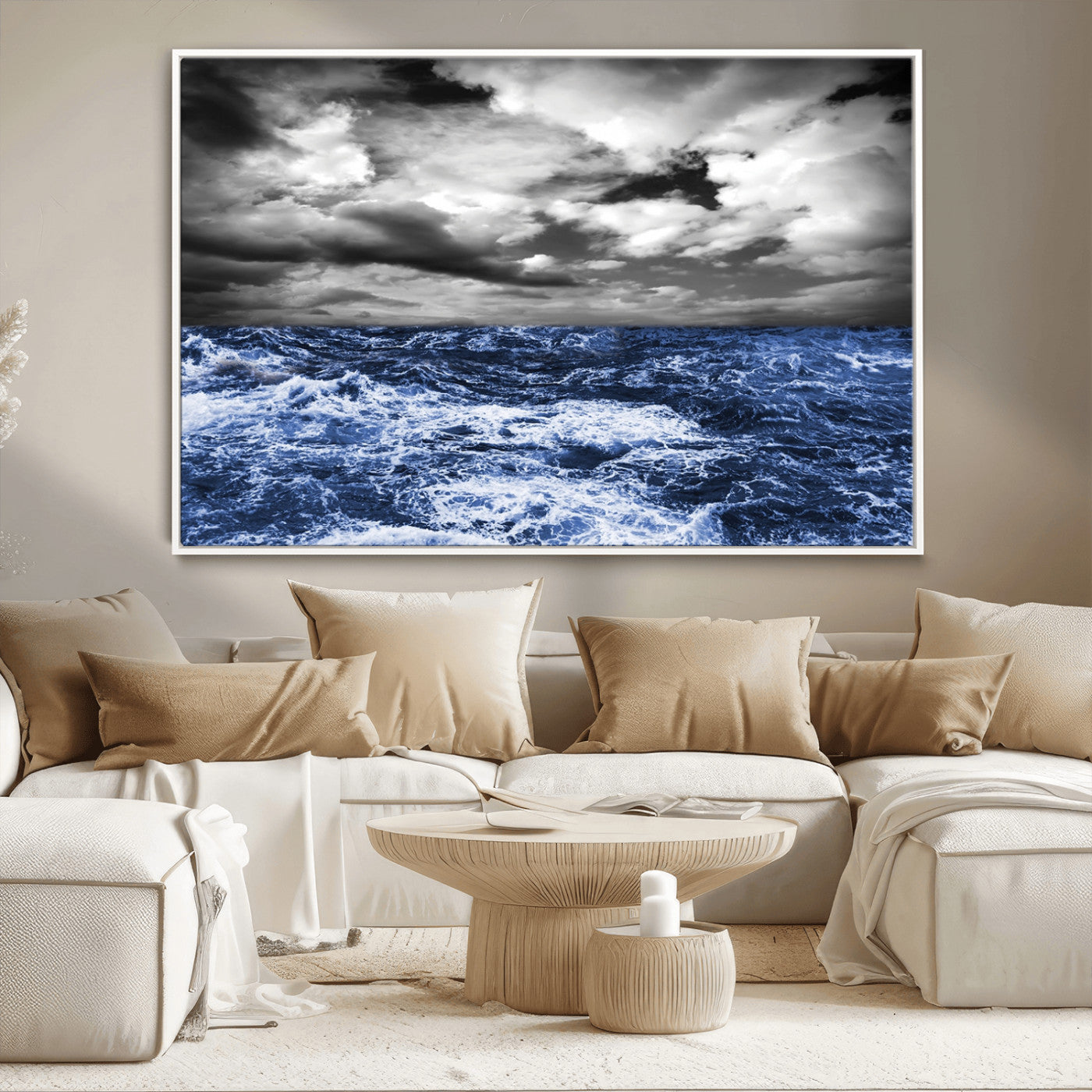 36012-MGV-CV-36X24-Dramatic Stormy Ocean Waves Black and White with Deep Blue Highlights – Moody Seascape Wall Art, Nature Photography Print for Home