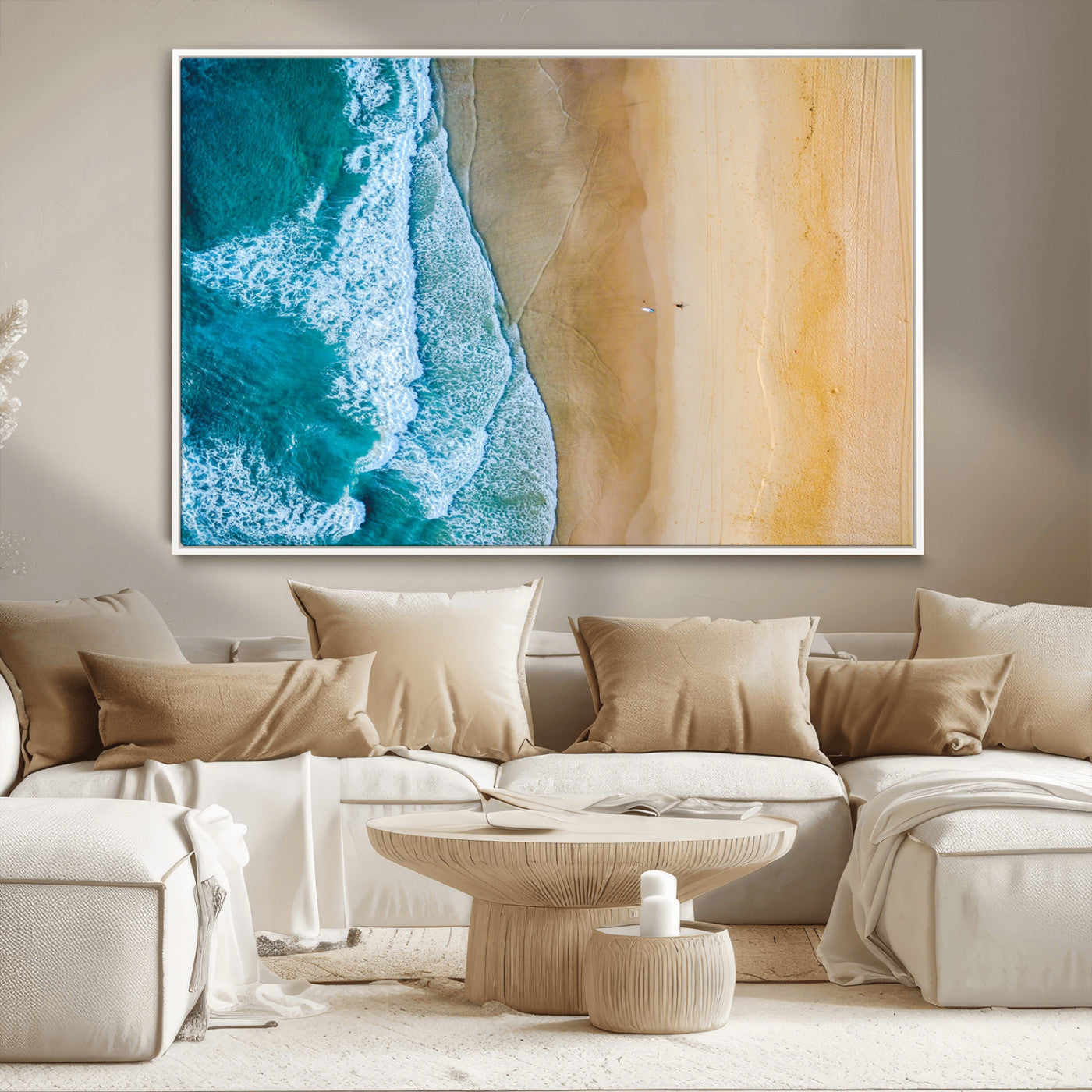 46640-MGV-CV-36X24-Aerial Beach Wall Art – Turquoise Waves and Golden Sand Canvas Print with Lone Surfer, Coastal Ocean Decor for Living Room,