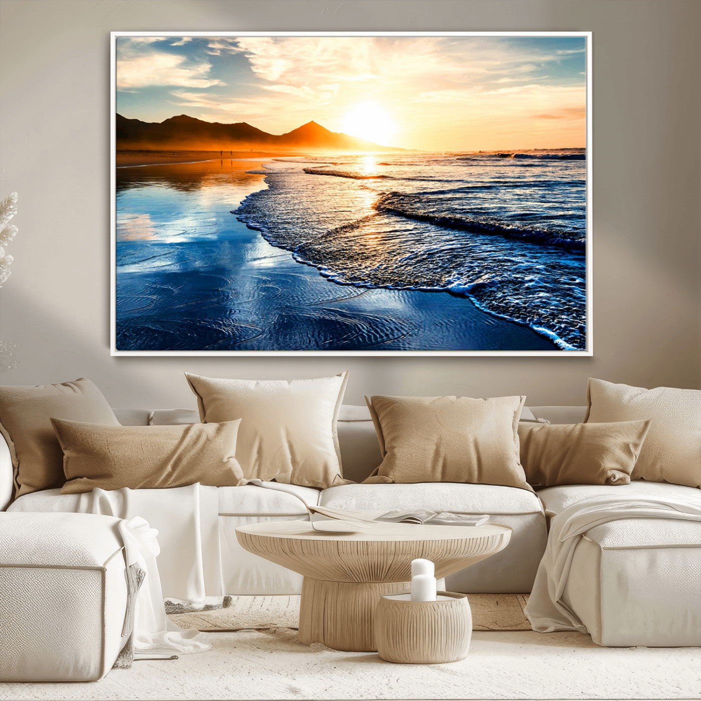86173-MGV-CV-36X24-Golden Sunset Beach Wall Art – Reflective Ocean Canvas Print with Mountains and Waves, Coastal Nature Decor for Living Room,