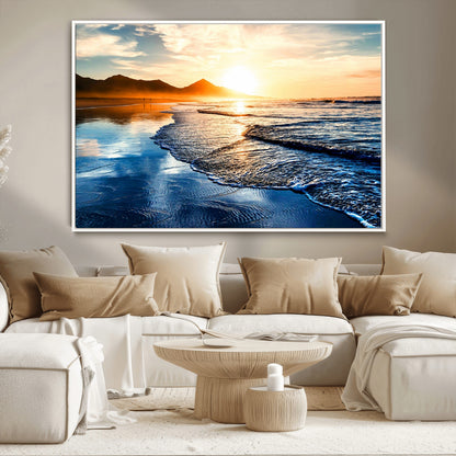 86173-MGV-CV-36X24-Golden Sunset Beach Wall Art – Reflective Ocean Canvas Print with Mountains and Waves, Coastal Nature Decor for Living Room,