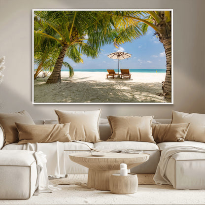 83601-MGV-CV-36X24-Tropical Beach Wall Art – Serene Palm Trees and Lounge Chairs Canvas Print, Relaxing Coastal Decor for Living Room, Bedroom or