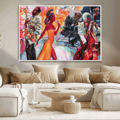 24452-MGV-CV-36X24-Vibrant Jazz Musician Painting - Expressive Art Print of Live Jazz Band, Perfect Wall Decor for Music Lovers and Art Enthusiasts
