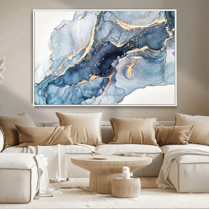 33782-MGV-CV-36X24-Abstract Marble Wall Art – Blue & Gold Fluid Painting Canvas Print, Modern Home Decor for Living Room, Bedroom or Office