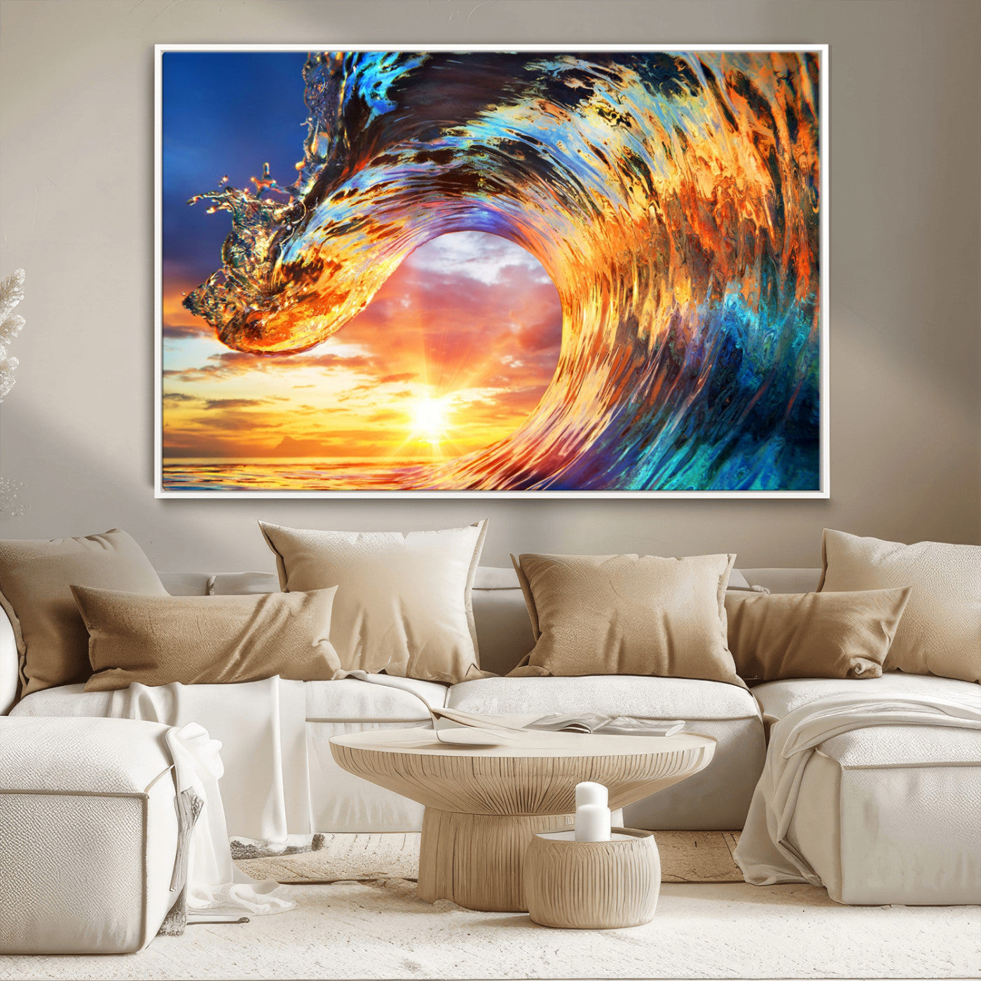 52890-MGV-CV-36X24-Surfing Wave Wall Art Canvas Print, Framed Sunset Ocean Art Picture Print, Ocean Wave Perfect Nautical Decor Artwork