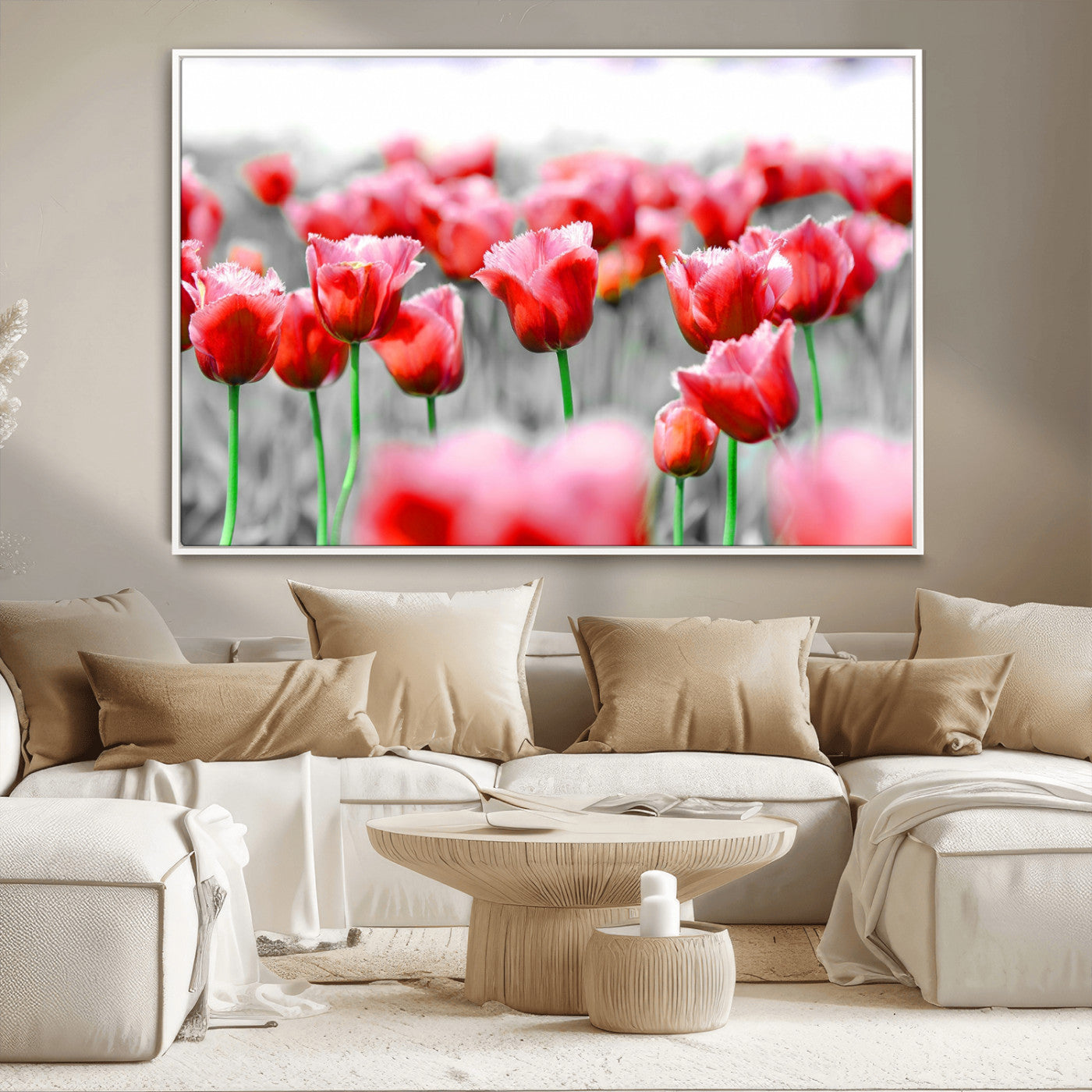 44554-MGV-CV-36X24-Vibrant red tulips stand out beautifully against a black-and-white background, making a striking decor piece perfect for any home