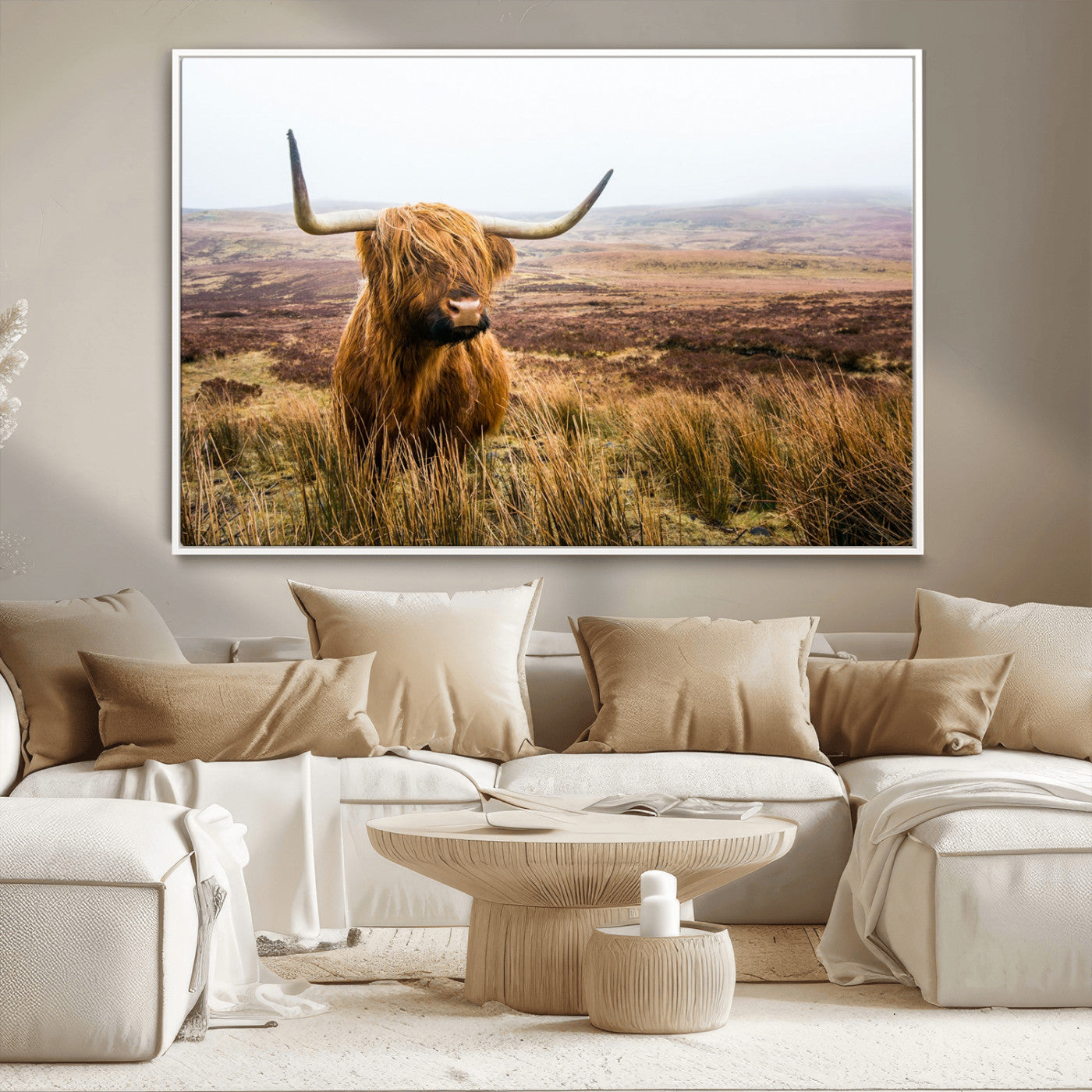 79391-MGV-CV-36X24-Majestic Highland Cow in Misty Scottish Moorland – Rustic Natural Charm, Perfect for Unique Home or Office Decor