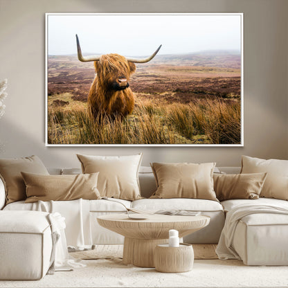 79391-MGV-CV-36X24-Majestic Highland Cow in Misty Scottish Moorland – Rustic Natural Charm, Perfect for Unique Home or Office Decor
