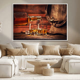 21266-MGV-CV-36X24-Pouring Whiskey into Glasses with Ice – Rustic Wooden Barrel Background, Warm Ambient Lighting, Ideal Decor for Home or Office