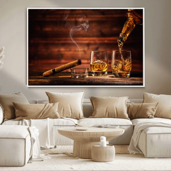41139-MGV-CV-36X24-Whiskey and Cigar Still Life – Glasses with Ice and Pouring Amber Drink on Wooden Table with Smoke, Elegant Bar or Lounge Wall