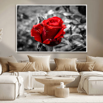 84671-MGV-CV-36X24-Red Rose Wall Art – Vibrant Single Bloom Canvas Print with Black and White Background, Elegant Floral Decor for Living Room,