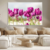 30632-MGV-CV-36X24-Purple Tulip Field Wall Art – Beautiful Spring Flowers Canvas Print with Soft Focus and Bright Sky, Ideal Floral Decor for Home or