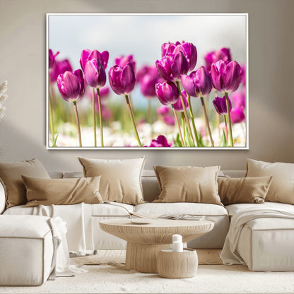 30632-MGV-CV-36X24-Purple Tulip Field Wall Art – Beautiful Spring Flowers Canvas Print with Soft Focus and Bright Sky, Ideal Floral Decor for Home or