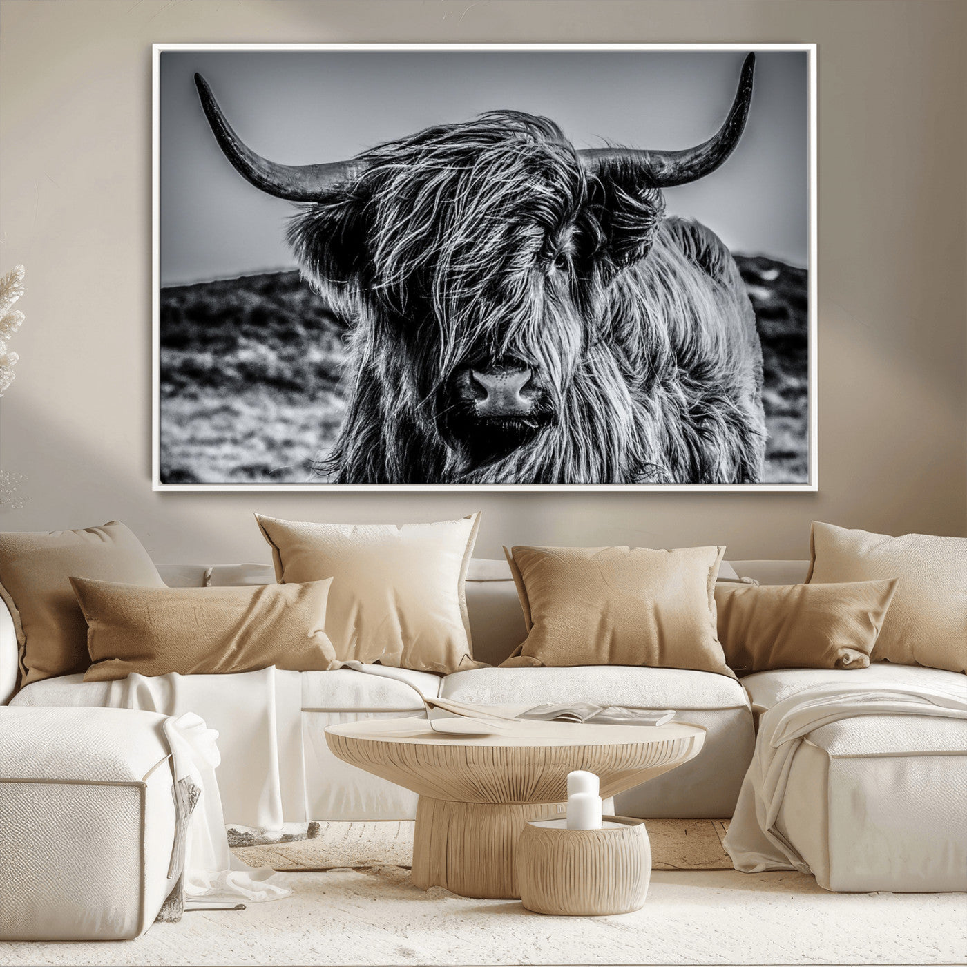 97372-MGV-FC-36X24_White-Elegant Highland Cow Wall Art – Black and White Canvas Print, Rustic Nature Decor for Home, Office, Living Room or Man Cave