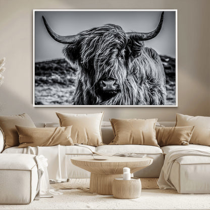 97372-MGV-FC-36X24_White-Elegant Highland Cow Wall Art – Black and White Canvas Print, Rustic Nature Decor for Home, Office, Living Room or Man Cave