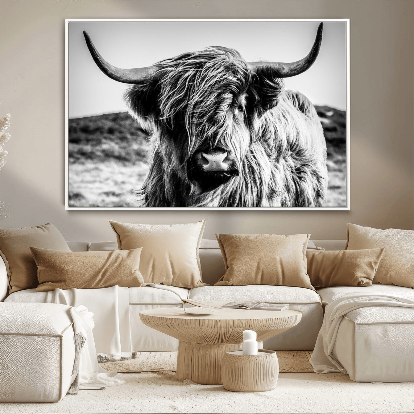 36979-MGV-CV-36X24-Striking black-and-white portrait of a Highland cow with flowing fur and majestic horns, perfect for rustic and elegant home or